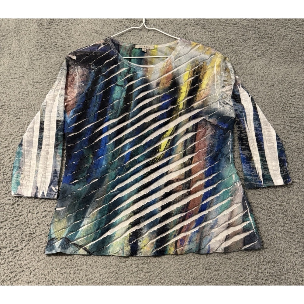 Jess & Jane Top Small Cut‎ Colorful Print Cotton Tee Evening Sonnet Shirt Blouse
